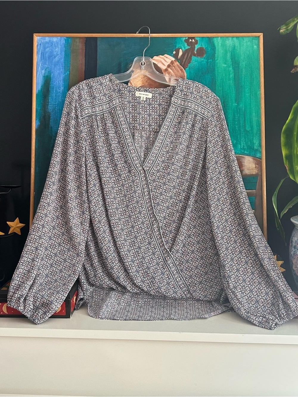 Max Studio Boho Floral Print Long Sleeve Blouse XL